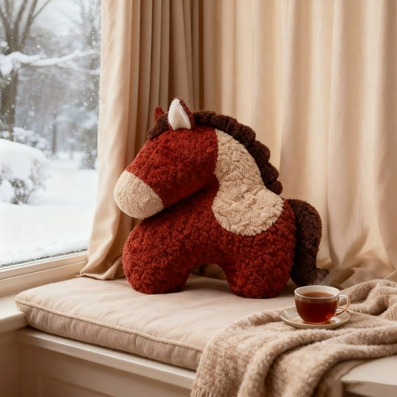 Festive Horse-Shaped Decorative Pillow, Soft Furry Pillow Ponies Shape Cushion, Multi-Use Sofa Cushion and Lumbar Support, Cozy Home Decor Stuffed Animal Cushion