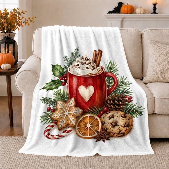 Festive Hot Cocoa Mug Candy Canes Holly, Festive Holiday Scene, Warm Flannel Blanket for Living Room and Family Room, Art Lovers Housewarming Gift, Festive Home Decor