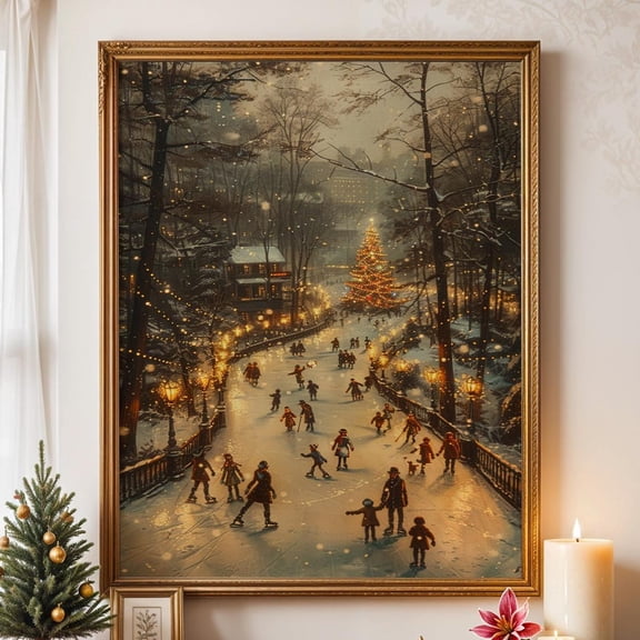 Festive Ice Rink Poster – Winter Wall Art Poster, Cozydecor, Family Skating, Tree Lights, Snowy Night Scene, Unframed Poster Size 8x12