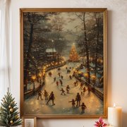 Festive Ice Rink Poster   Winter Wall Art Poster, Cozydecor, Family Skating, Tree Lights, Unframed Poster Size 8x12