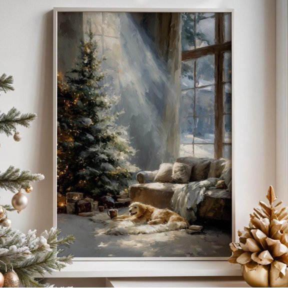 Festive Interior Wall Decor Cozy Winter Tree And Dog Home Scene Three, Unframed Canvas