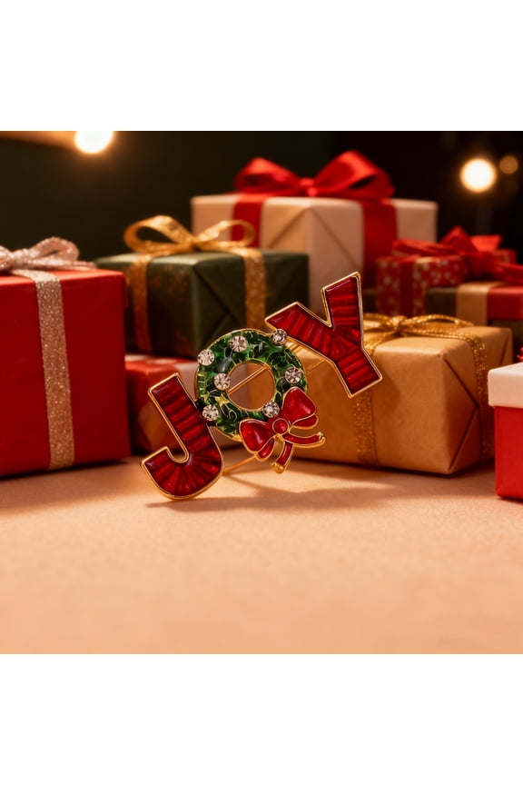 Festive "JOY" Brooch with Wreath & Bow - Enamel Alloy Pin for Christmas Outfits & Gift Decorationbroches para ropa broche pin brooches for ladies halloween pins enamel pins christmasgifts