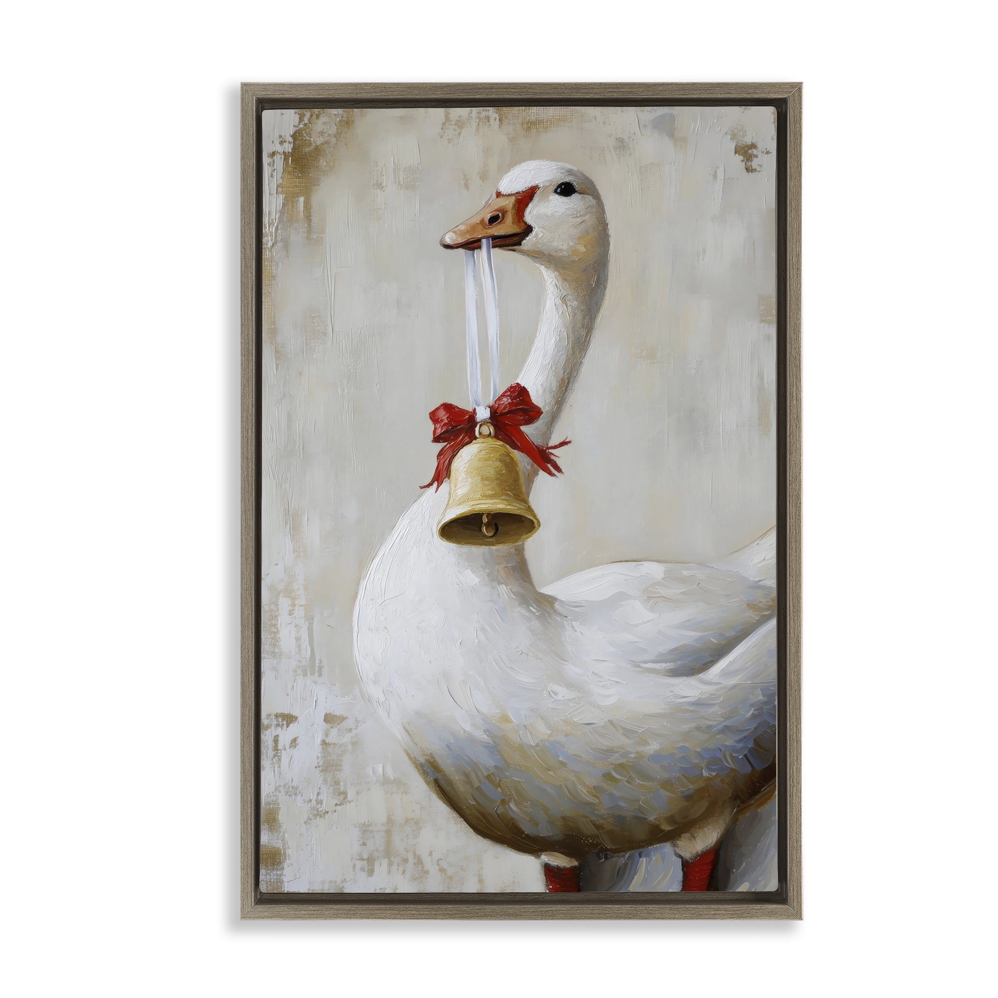 Festive Jingle Goose Brown Framed Floater Canvas Wall Art, design by Petal Prints Design