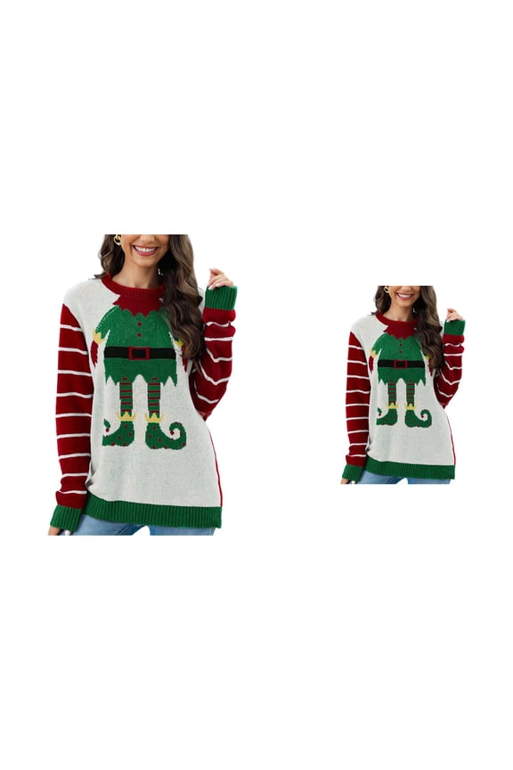 Festive Knit Sweater For Cozy Pullover With Santa And Reindeer Pattern Casual Loose Fit Round Neck Holiday Top