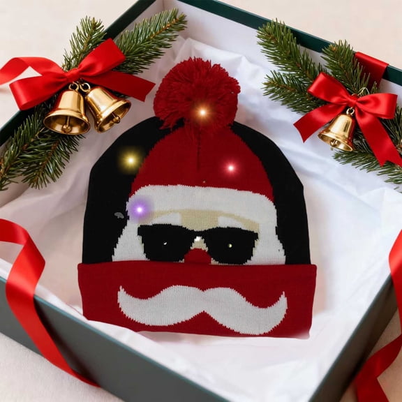 Light Up Christmas Beanie with Colorful LED Lights, Warm Santa Pattern Knit Hat with Pom Pom, Acrylic Wool Winter Hat for Christmas Party, 3 Mode Flashing LED Hat for Holiday Events Gifts