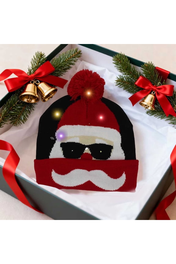 Light Up Christmas Beanie with Colorful LED Lights, Warm Santa Pattern Knit Hat with Pom Pom, Acrylic Wool Winter Hat for Christmas Party, 3 Mode Flashing LED Hat for Holiday Events Gifts