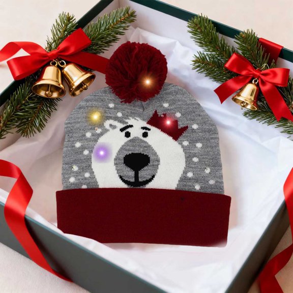 Light Up Christmas Beanie with Colorful LED Lights, Warm Santa Pattern Knit Hat with Pom Pom, Acrylic Wool Winter Hat for Christmas Party, 3 Mode Flashing LED Hat for Holiday Events Gifts
