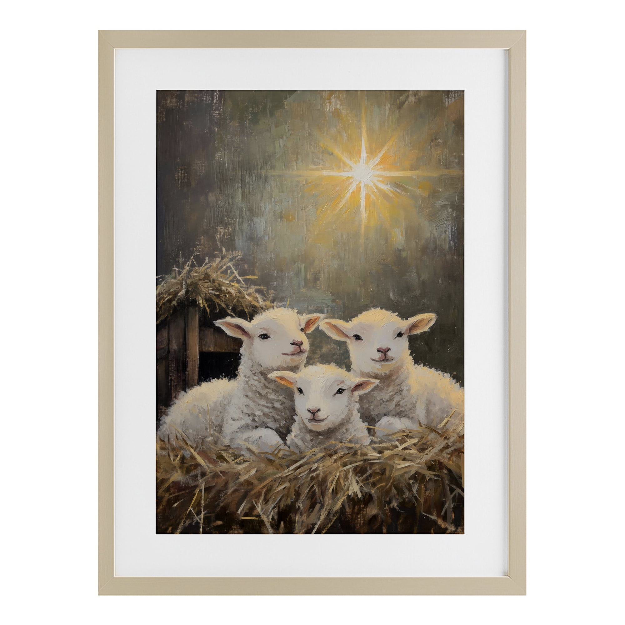 Festive Lambs in Stable Birch Framed Print Under Glass, design by Petal Prints Design
