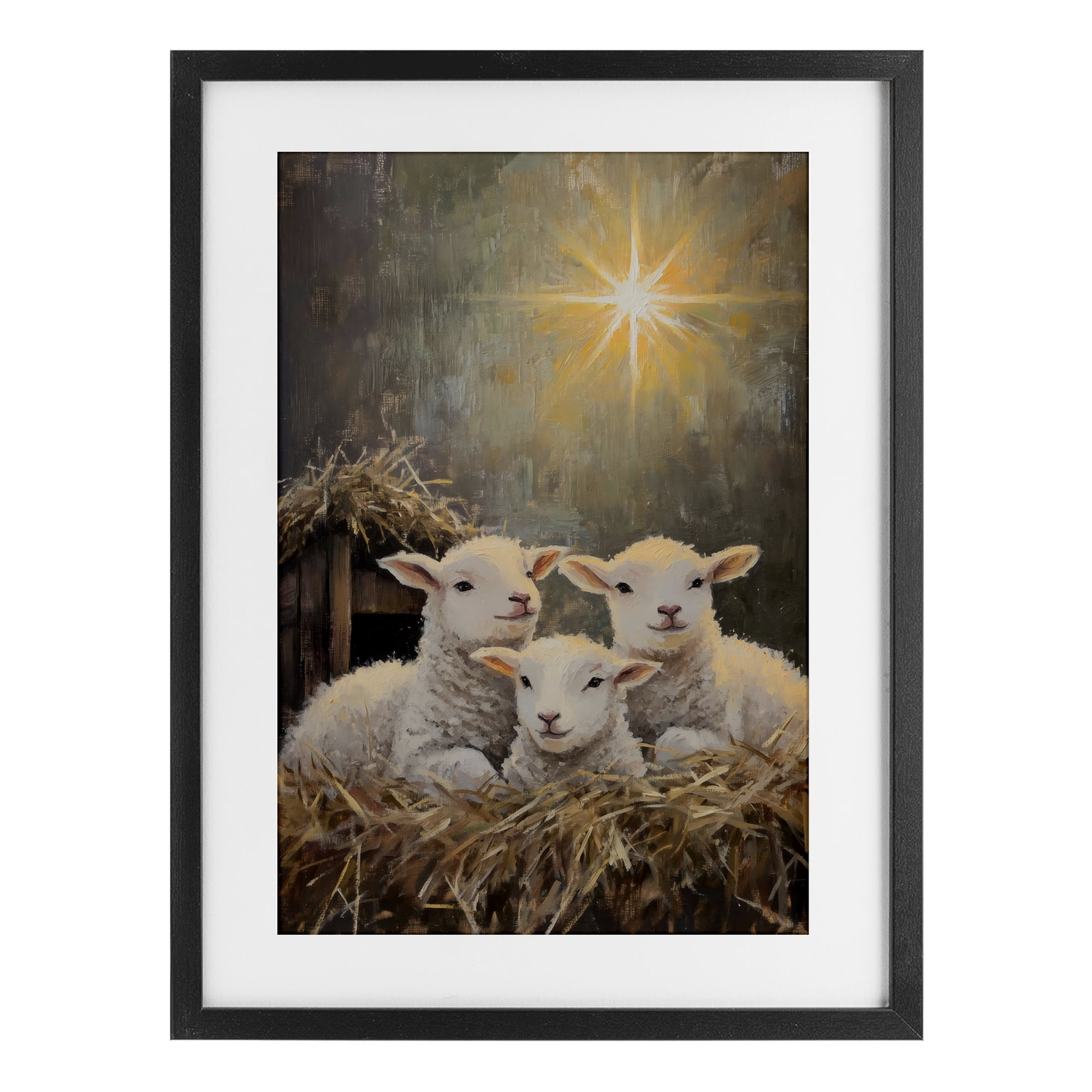 Festive Lambs in Stable Black Framed Print Under Glass, design by Petal Prints Design