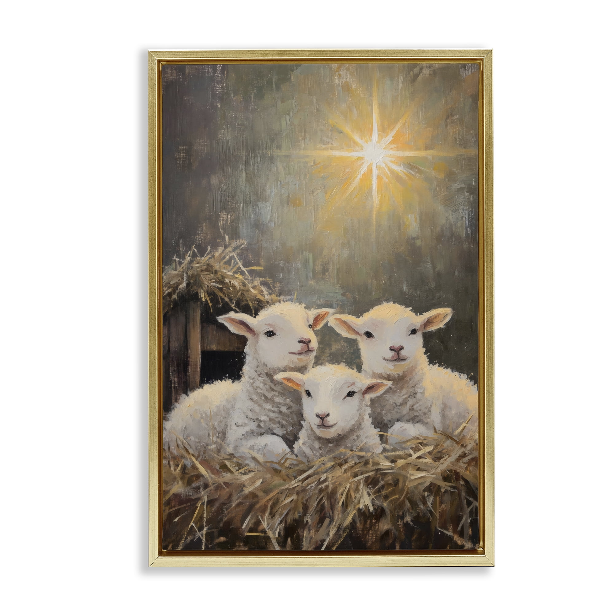 Festive Lambs in Stable Gold Framed Floater Canvas Wall Art, design by Petal Prints Design