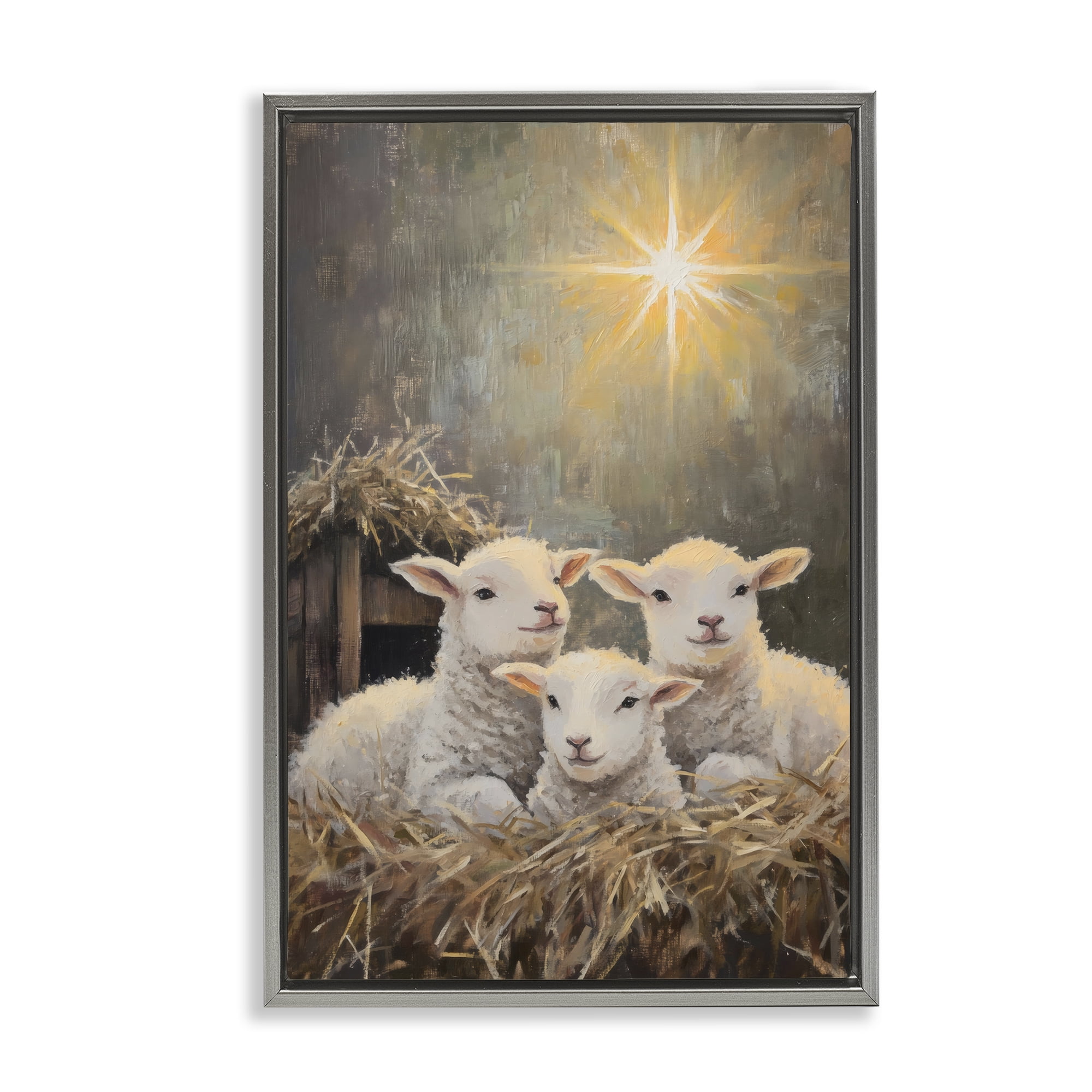Festive Lambs in Stable Gray Framed Floater Canvas Wall Art, design by Petal Prints Design