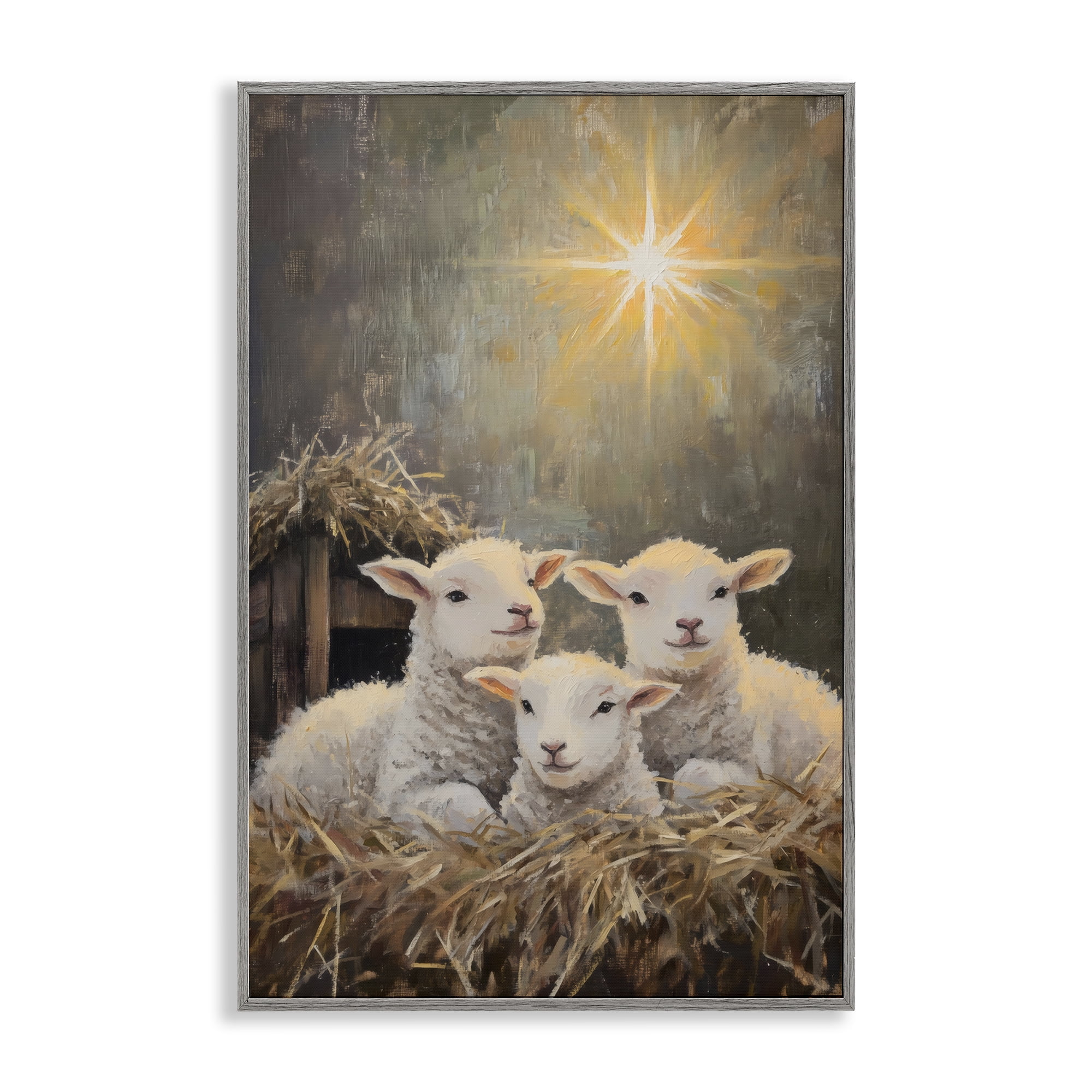 Festive Lambs in Stable Gray Framed Giclee Art, design by Petal Prints Design