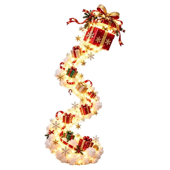 Festive Lighted Christmas Wall Decoration with a Red Gift Box with a Gold Bow, Cascading LED Hanging Pendant for the Hallway, Doorway and Staircase Wall Decor (Scarlet Gold)