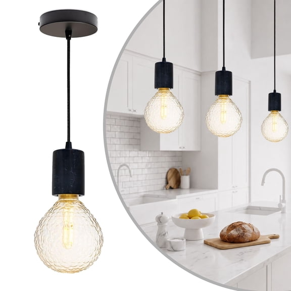 Festive Living Dimpled Dawn G125 Globe Pendant Light with T25 LED Bulb, Shatter-Resistant Coated Glass, Black Marble, 2700K Warm White, E26 Base