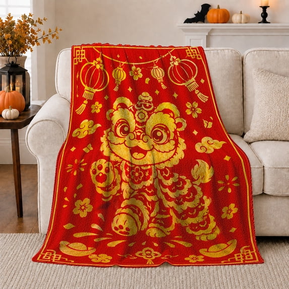 Festive Living Room Scene Golden Chinese Lion Dance, Festive Holiday Scene, Warm Flannel Blanket for Living Room and Reading Nook, Wildlife Lovers Christmas Gift, Festive Home Decor