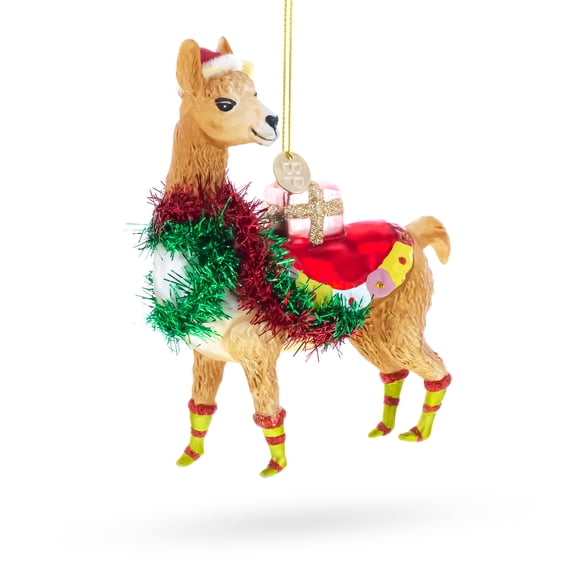 Christmas Llama with Tinsel Garland and Gift Glass Christmas Ornament