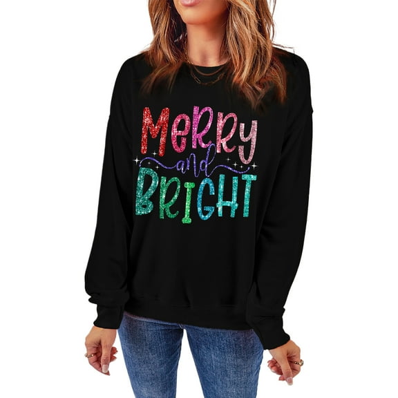 Festive Long Sleeve Black Sweatshirt with Dazzling 'Merry and Bright' Print - [ZhiHiMeRi] | (US 16-18)XL