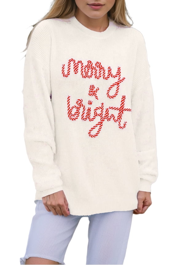 Festive Long Sleeve Sweater with Cheerful Merry Bright Lettering and Candy Cane Design | [ZhiHiMeRi] | (US 12-14)L