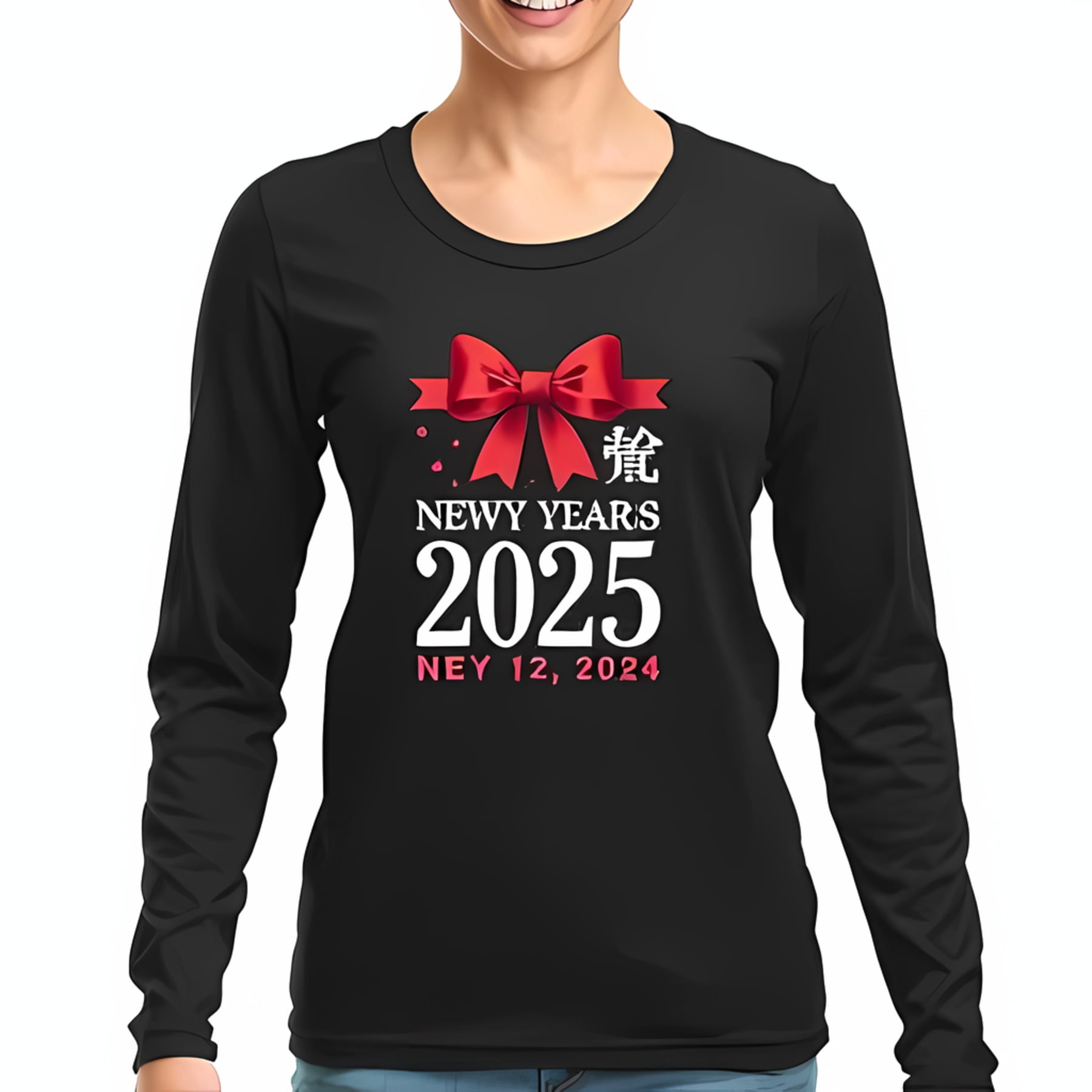 Festive Long Sleeve TShirt for New Year 2025 with Red Bow & Chinese