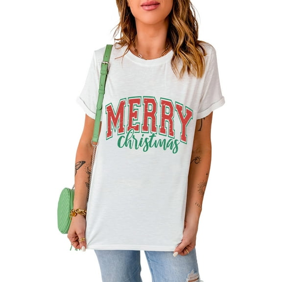 Festive MERRY Christmas Letter Graphic T-Shirt for Women - Short Sleeve Design | [ZhiHiMeRi] | (US 4-6)S