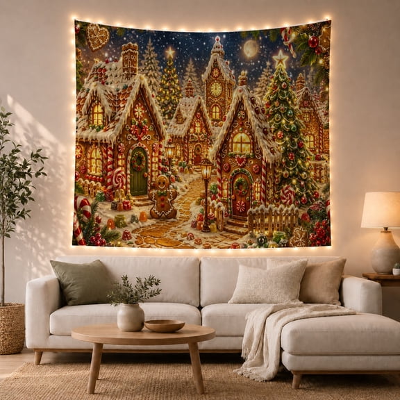 Festive Magical Gingerbread with Village Nestled Snowy Starry, Mystical Fantasy for Space Lovers, Galaxy Room Decor, Christmas Gift, Tapestry Wall Hanging for Bedroom and Dorm