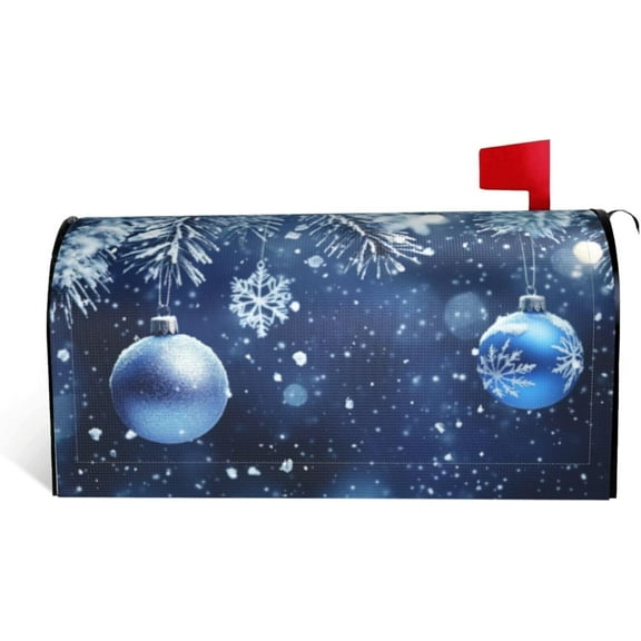 Festive Magnetic Mailbox Cover Blue Ball Christmas Pattern Outdoor Mailbox Protector Holiday Seasonal Decorative Garden Yard Home Large Size 25.5 x 21 Inch