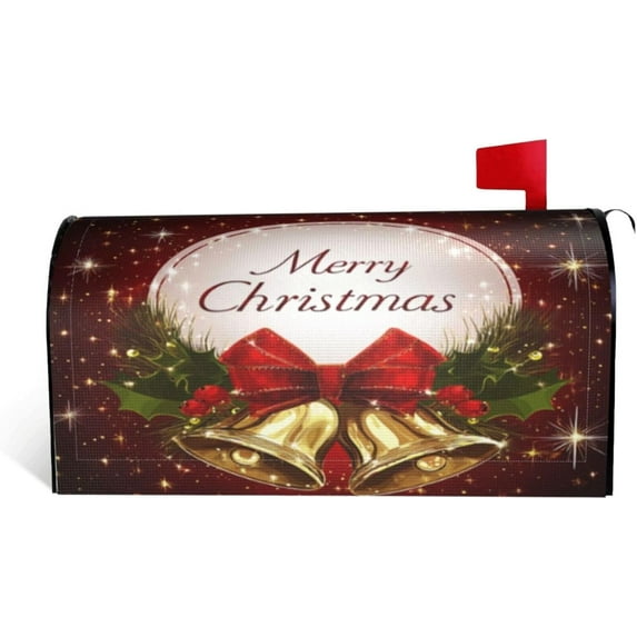 Festive Magnetic Mailbox Cover Christmas Bell Pattern Outdoor Mailbox Protector Holiday Seasonal Decorative Garden Yard Home Large Size 25.5 x 21 Inch