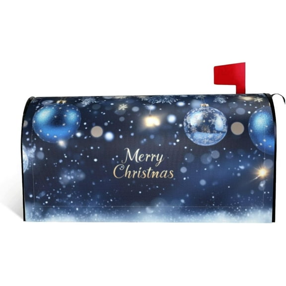 Festive Magnetic Mailbox Cover Christmas Blue Ball Pattern Outdoor Mailbox Protector Holiday Seasonal Decorative Garden Yard Home Standard Size 21 x 18 Inch