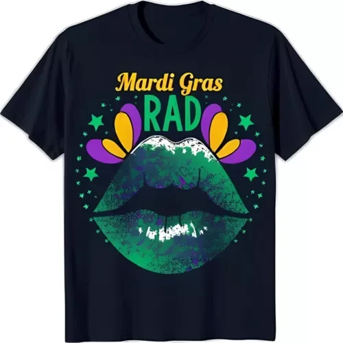 Festive Mardi Gras TShirt Blue with Green Lips & Fleur de Lis Design