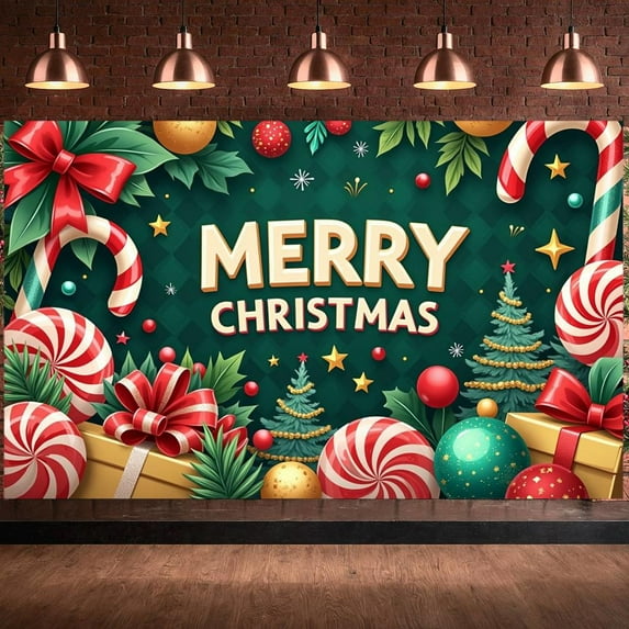 Festive Merry Christmas Banner Red Green Color Christmas Banner Candy Cane Gift Box Xmas Banner for Christmas Party Holiday Decoration Indoor Celebration