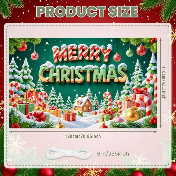 Festive Merry Christmas Banner Red Green Color Christmas Banner Candy Cane Gift Box Xmas Banner for Christmas Party Holiday Decoration Indoor Celebration
