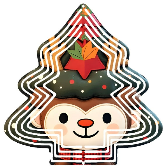 Festive Metal Hanging Christmas Tree Wind Spinner - Adorable Monkey Design with Star Hat Perfect for Garden & Yard Decor