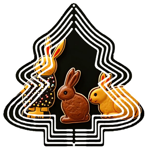 Festive Metal Hanging Christmas Tree Wind Spinner - Playful Design with Stylized Rabbits & Layered Black Tree Background for Garden Decor