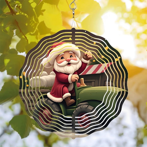 Festive Metal Hanging Wind Spinners - Cheerful Santa on Green Tractor Design for Yard & Garden Decor Perfect Holiday Vortex Charm
