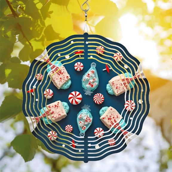 Festive Metal Hanging Wind Spinners & Chimes - Candy Swirl Design with Musical Note Pattern for Yard & Garden Decor