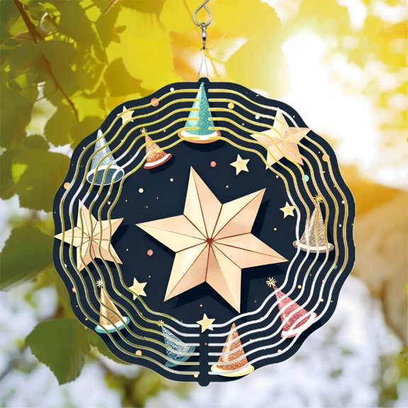 Festive Metal Hanging Wind Spinners & Chimes - Golden Star Design with Colorful Party Hats for Joyful Yard & Garden Decor