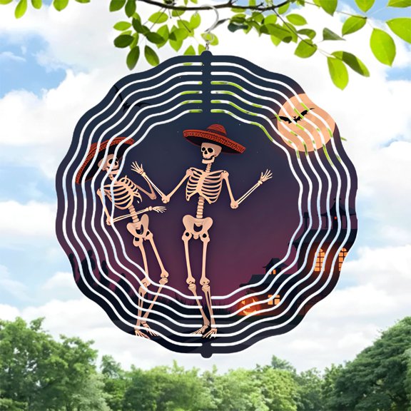 Festive Metal Hanging Wind Spinners - Skeletons in Sombreros Design for Yard & Garden - Perfect for Halloween & Celebrations