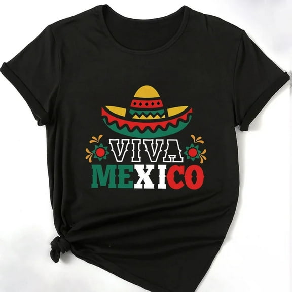 Festive Mexican Pride Graphic Tee, Tops Has "VIVA MEXICO" & Sombrero Design, Round Neck Regular Fit T - shirts, Size(S - 5XL)