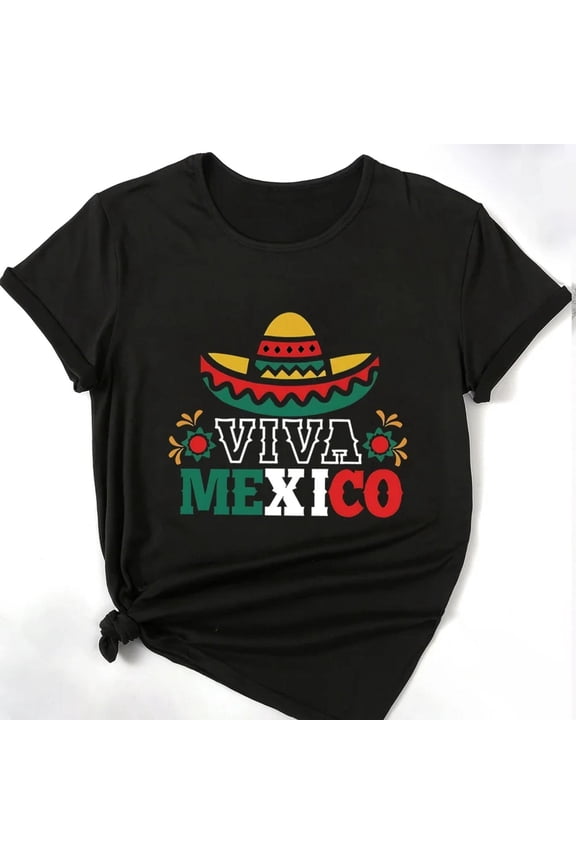 Festive Mexican Pride Graphic Tee, Tops Has "VIVA MEXICO" & Sombrero Design, Round Neck Regular Fit T - shirts, Size(S - 5XL)