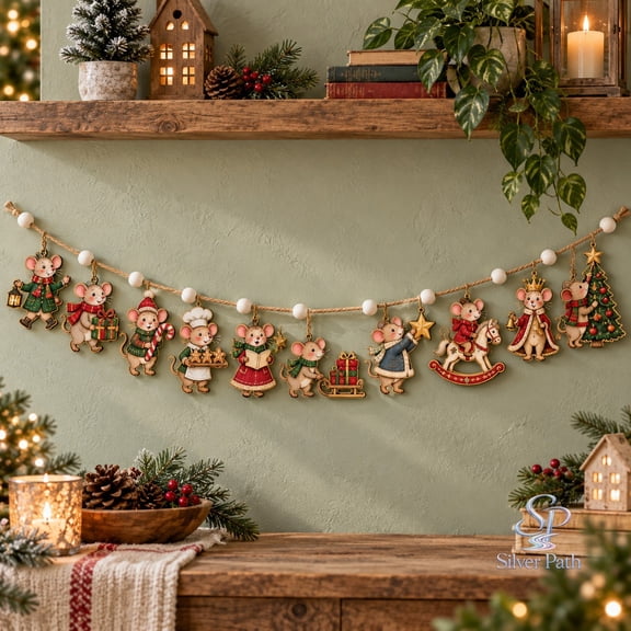 Festive Mice Christmas Wooden Ornament Garland, Whimsical Holiday Decor
