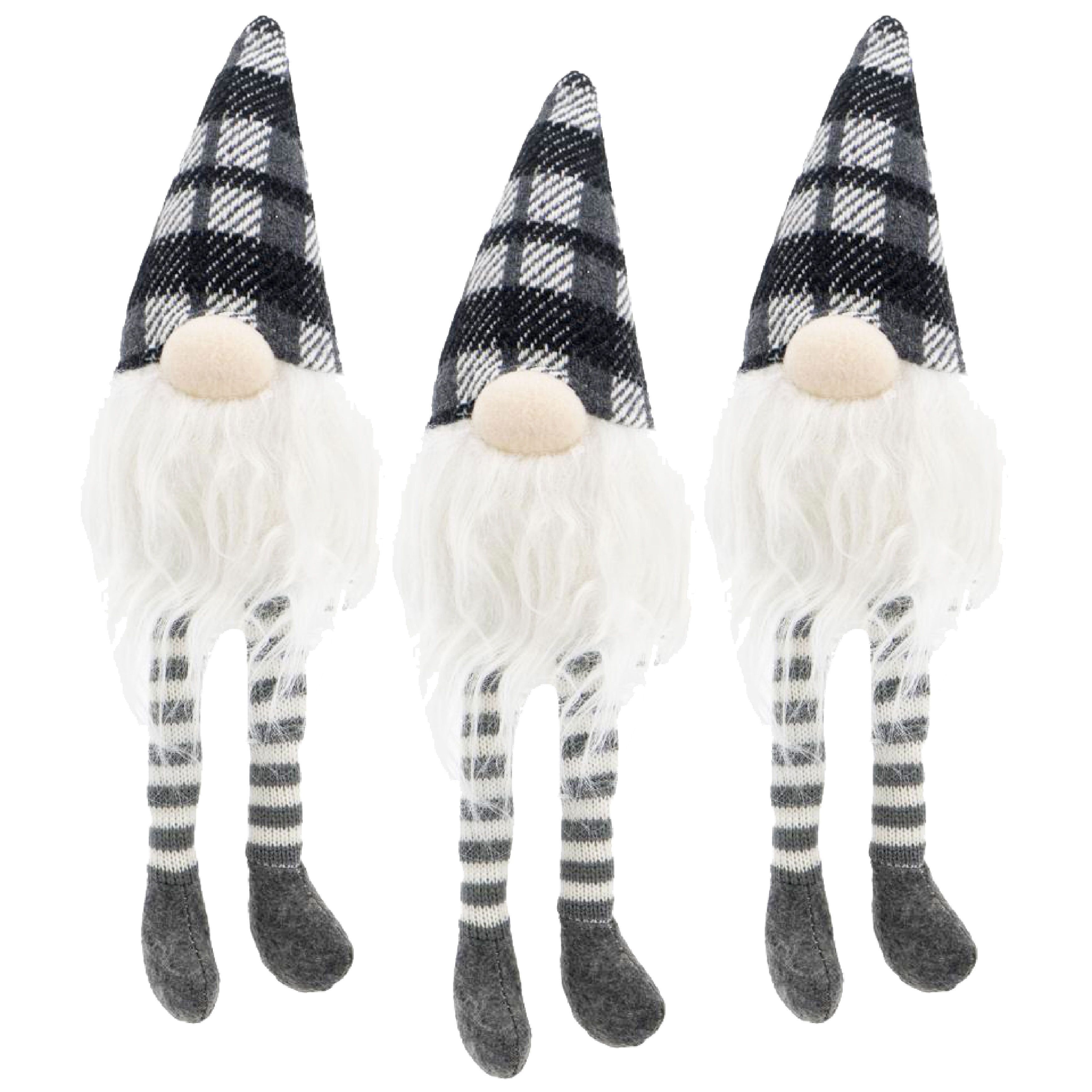 Festive Minimalist Gnome Figurine Set White Beard Gray Plaid Hat Long Legs Tabletop Mantel Dining Room Seasonal Vignette Decoration
