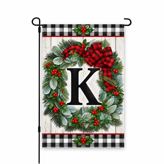 Festive Monogram "K" Garden Flag with Plaid Holiday Wreath Design 12 18 Inch Yard Flag for Outdoor Decor, Perfect for Porch or Patio Display
