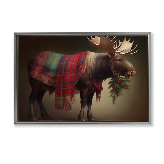 Stupell Industries Festive Moose with Plaid Gray Framed Floater Canvas Wall Art, design by Sasha