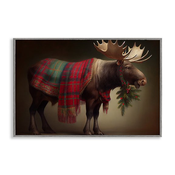 Stupell Industries Festive Moose with Plaid Gray Framed Giclee Art, design by Sasha