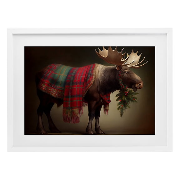 Stupell Industries Festive Moose with Plaid White Framed Print Under Glass, design by Sasha