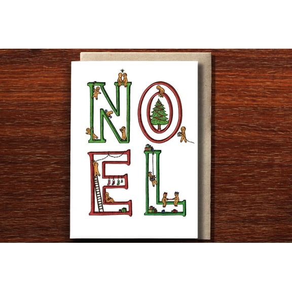 Festive NOEL Christmas Card with Gingerbread Characters - Envelope Included, Blank Inside - Perfect Holiday Greeting for Friends and Family