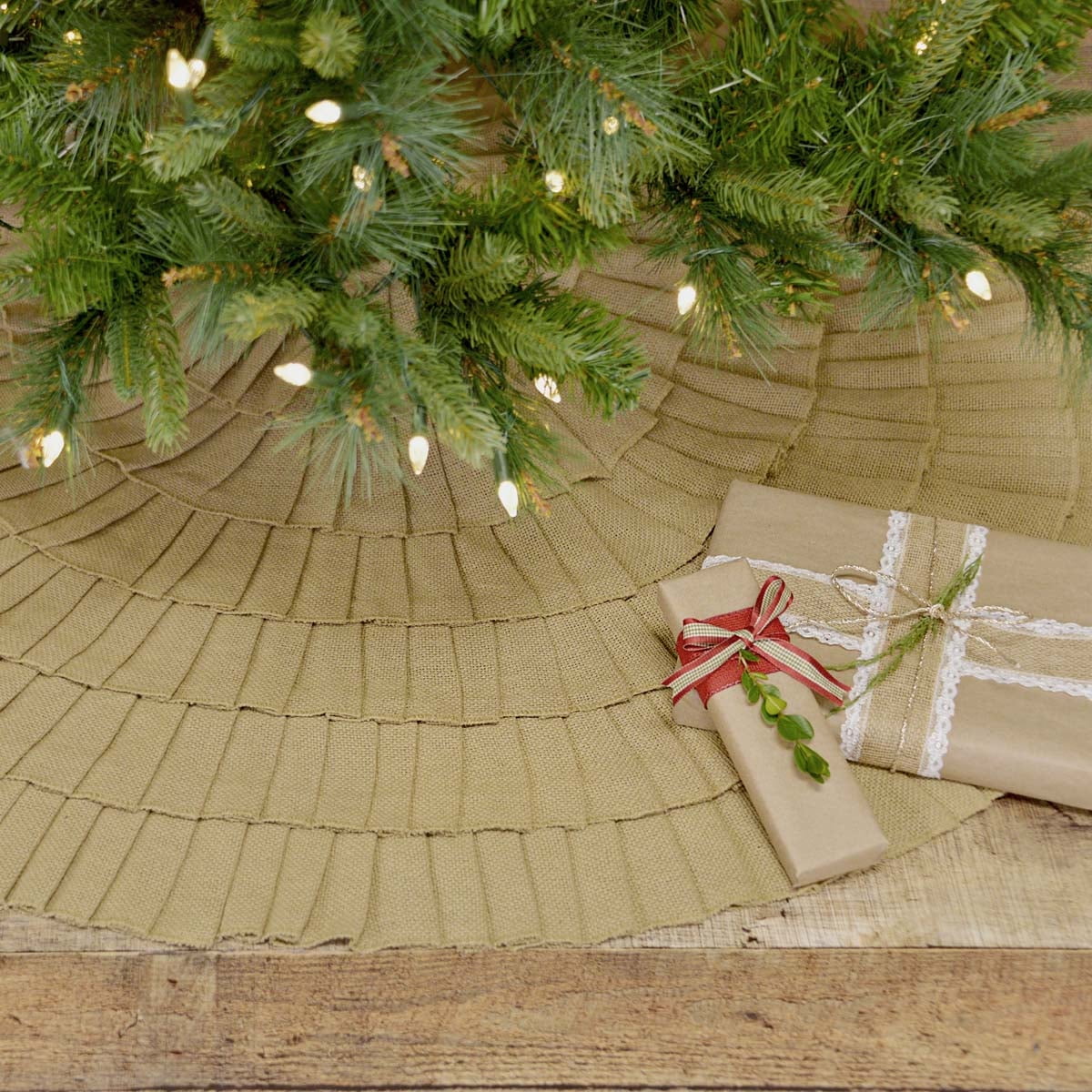 Festive Natural Burlap Ruffled Christmas Tree Skirt 48" Diameter