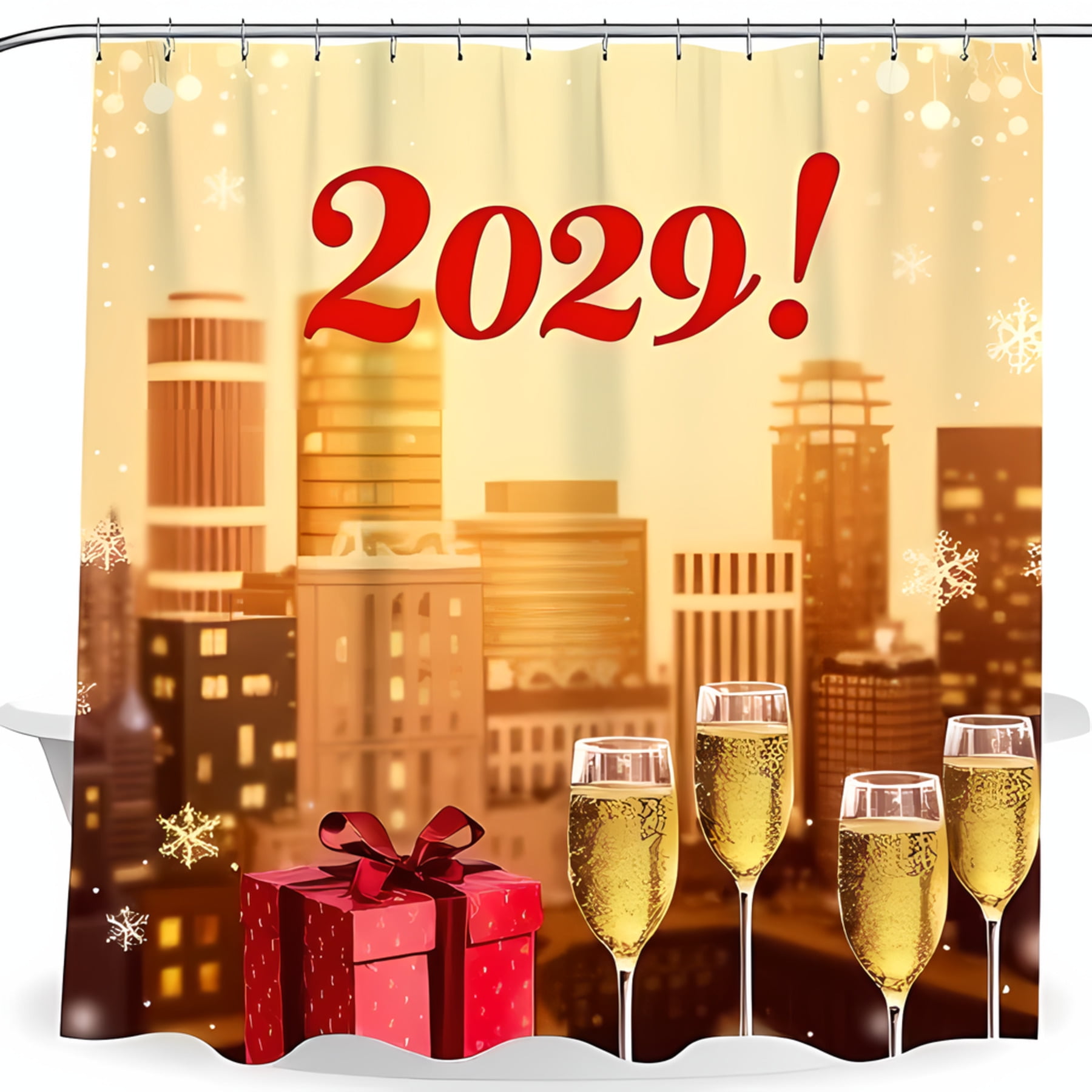 Festive New Year 2029 Shower Curtain Vibrant Cityscape Champagne Flutes