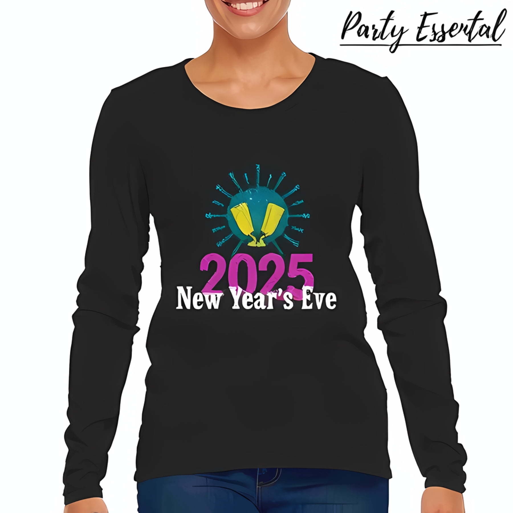 Festive New Year's Eve 2025 Long Sleeve TShirt with Champagne Flutes
