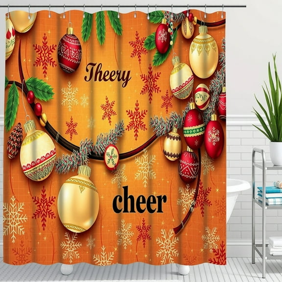 Festive Orange Christmas Shower Curtain with Ornaments & Snowflakes